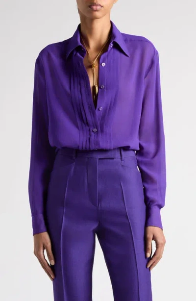 Tom Ford Pleated Silk Georgette Button-up Shirt In Bright Purple