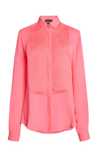 Tom Ford Pleated Silk Georgette Tuxedo Shirt In Pink
