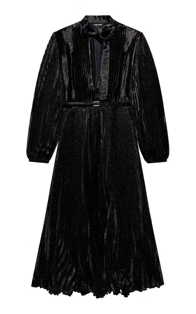 Tom Ford Pleated Silk Midi Dress In Black