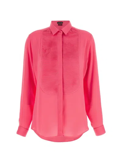 Tom Ford Washed Silk Georgette Tuxedo Shirt In Pink