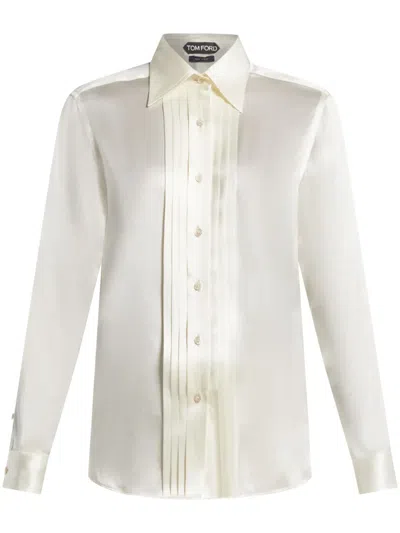 Tom Ford Stretch Silk Satin Relaxed Fit Shirt In White