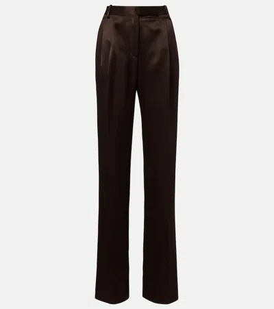 Tom Ford Pleated Silk Straight Pants In Brown