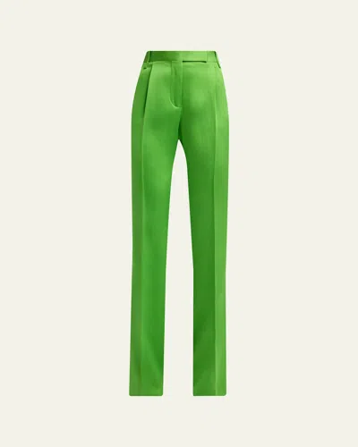 Tom Ford Pleated Silk Straight-leg Trousers In Green