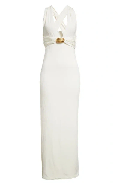 Tom Ford Plunge Neck Stretch Sable Evening Gown In Pearl White