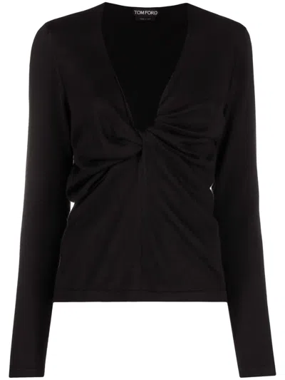 Tom Ford Plunge-neck Twist-detail Knitted Top In Black