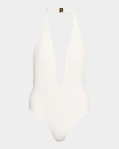 Tom Ford Plunging Halter Jersey One-piece Swimsuit In White