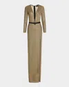 Tom Ford Plunging Long-sleeve Metallic Knit Slit Gown In Gold