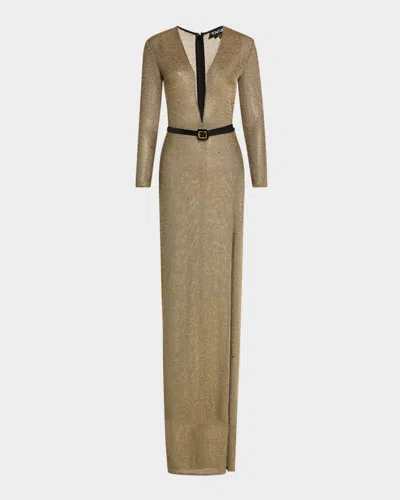 Tom Ford Plunging Long-sleeve Metallic Knit Slit Gown In Gold