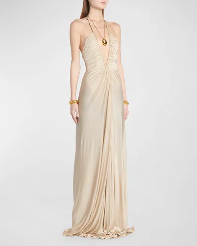 Tom Ford Plunging Ruched Fluid Jersey Slit Gown In Moon Grey