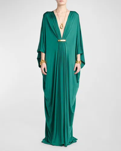 Tom Ford Plunging Satin Stretch Jersey Maxi Kaftan Dress In Dark Emera |  ModeSens