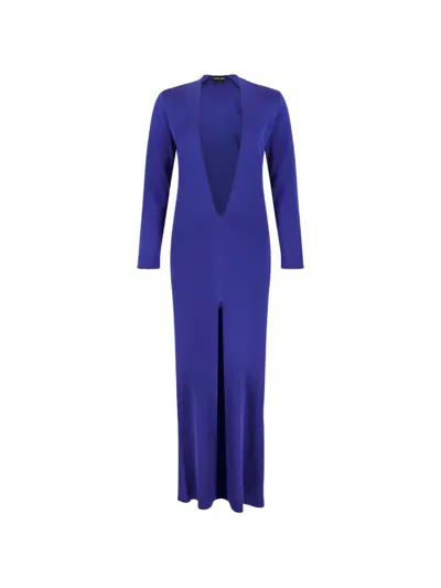 Tom Ford Plunging-neckline Front-slit Maxi Dress In Blue