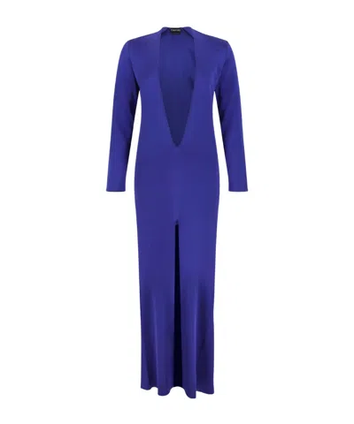 Tom Ford Plunging-neckline Front-slit Maxi Dress In Blue