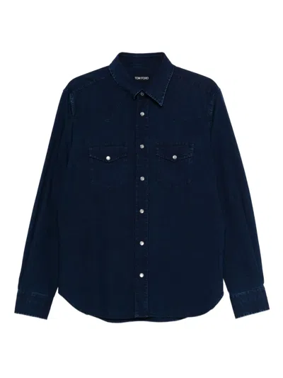 Tom Ford Pointed Collar Long Sleeve Button-up Shirt With Chest Pockets In Blue