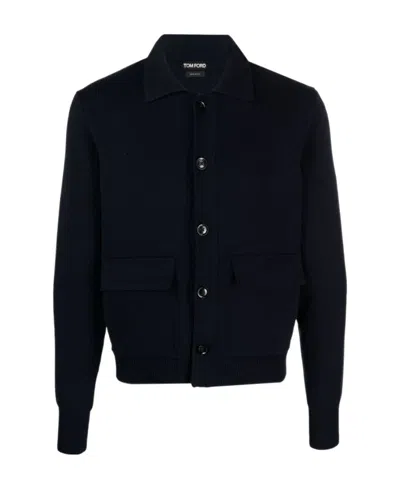Tom Ford Pointed-collar Ribbed-knit Cardigan In Black