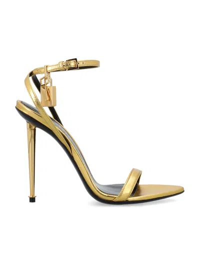 Tom Ford Pointed-toe Buckle Ankle Strap Sandals With Signature Metal Heel In Oro