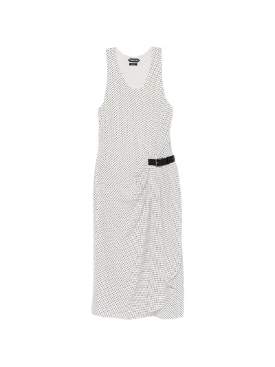 Tom Ford Polka Dot Belted Midi Dress In White