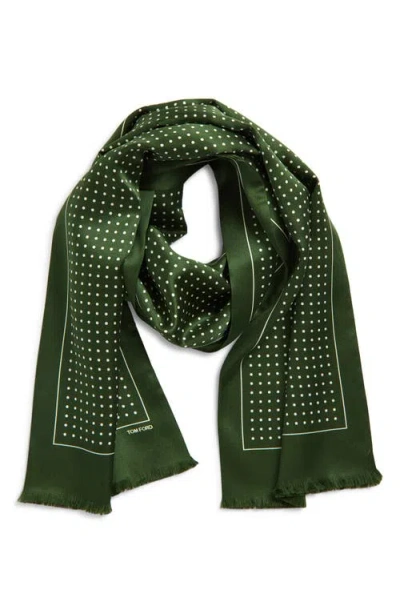 Tom Ford Polka Dot Mulberry Silk Fringe Scarf In Green