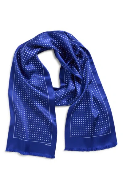 Tom Ford Polka Dot Mulberry Silk Fringe Scarf In Blue
