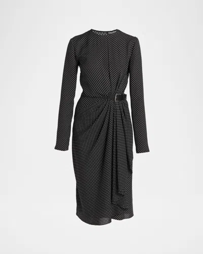 TOM FORD POLKA DOT SILK GATHERED BUCKLE MIDI DRESS