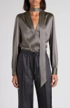 Tom Ford Polka Dot Stretch Silk Lavalliere Button-up Shirt In Gray