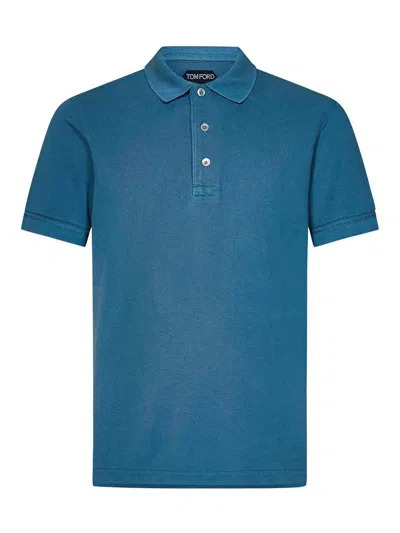 Tom Ford Textured Finish Navy Polo With Front Button Placket In Blue
