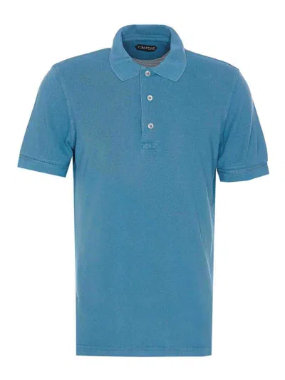 Tom Ford Textured Finish Navy Polo With Front Button Placket In Blue