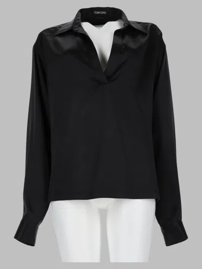 Tom Ford Polo In Raso Di Seta Stretch Con Logo In Black