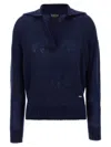 Tom Ford V Neck Long Sleeve Ribbed Hem Polo In Blue