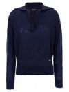 Tom Ford V Neck Long Sleeve Ribbed Hem Polo In Blue