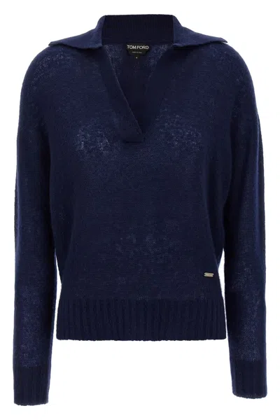 Tom Ford V Neck Long Sleeve Ribbed Hem Polo In Blue