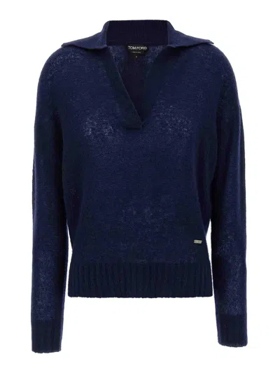 Tom Ford V Neck Long Sleeve Ribbed Hem Polo In Blue