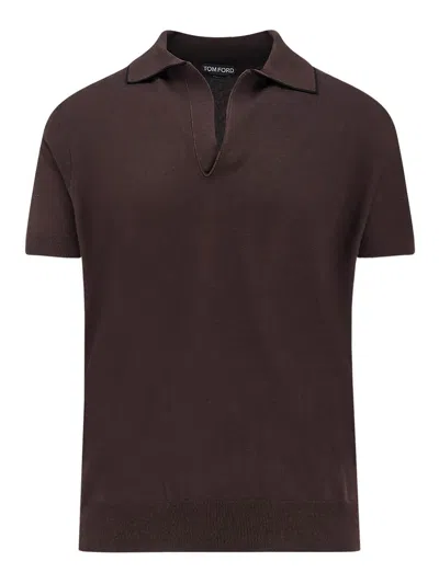 Tom Ford Polo Shirt In Cotton And Silk Blend In Brown