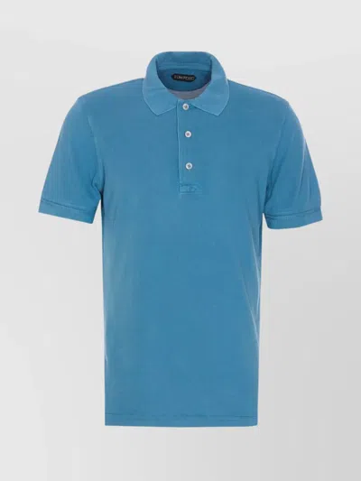 Tom Ford Polo Shirt With Ribbed Collar And Button Placket In Blue