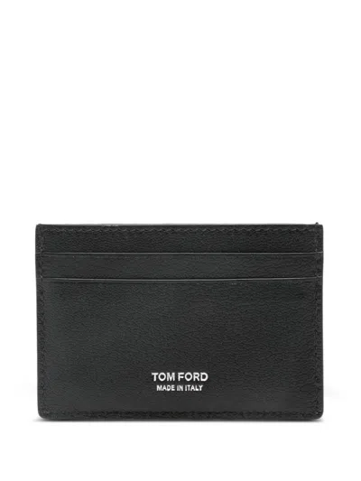 Tom Ford Supple Grain Leather Elongated T Line Card Holder With Centra In Black