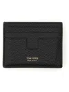 Tom Ford Black T Line Card-holder With Gold-colored Embossed Logo In Grainy Leather Man In Black