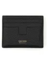 Tom Ford Black T Line Card-holder With Gold-colored Embossed Logo In Grainy Leather Man In Black