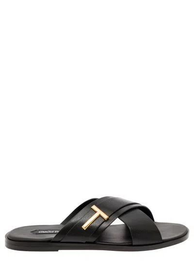 Tom Ford Preston Black Flat Sandals With T Detail In Leather Man