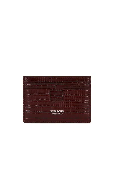 Tom Ford Printed Tejus T Line Classic Card Holder In Burgundy