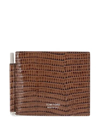 Tom Ford Printed Tejus T Line Money-clip Wallet In 브라운