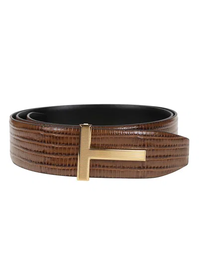 Tom Ford Printed Tejus T Reversible Calf Leather Belt In Brown