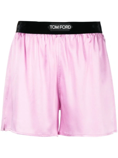 Tom Ford Purple Logo-waistband Silk Shorts In Pink