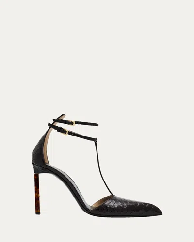 TOM FORD PYTHON-EFFECT STILETTO T-STRAP PUMPS