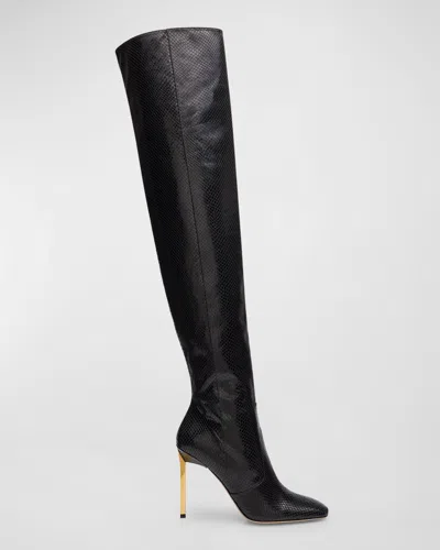 Tom Ford Snake-effect Patent-leather Over-the-knee Boots In Black