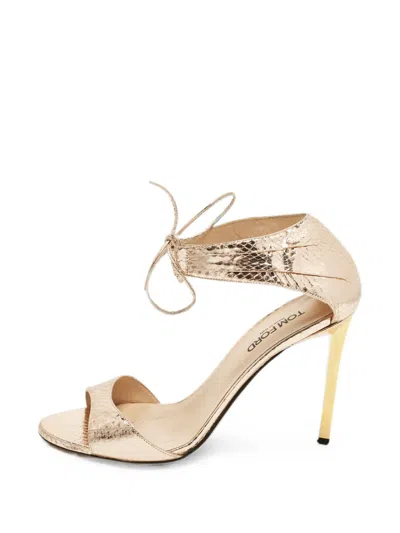 Pre-owned Tom Ford Python-embossed Ankle-strap Sandals In Gold