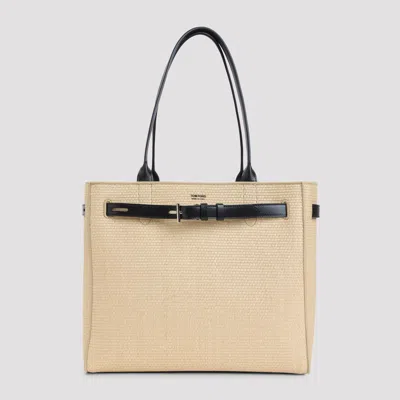 Tom Ford Raffia Smooth Leather Medium Tote Handbag In Nude & Neutrals