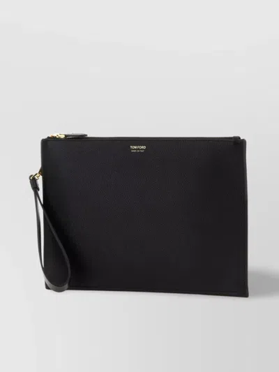 Tom Ford Rectangular Leather Clutch Bag With Wrist Strap In Black