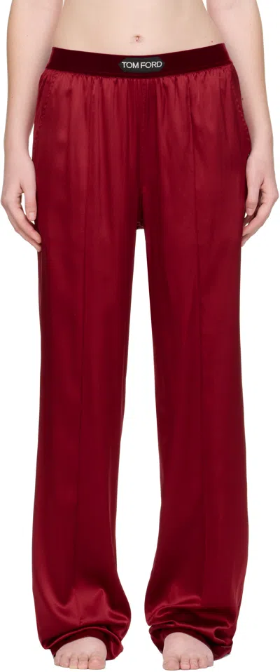 Tom Ford Red Stretch Silk Satin Lounge Pants In Burgundy