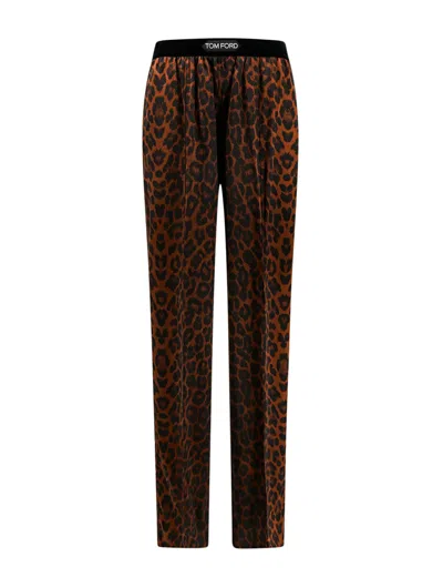 Tom Ford Reflected Leopard Print On Stretch Silk Satin Pj Pants In Xcabl Camel