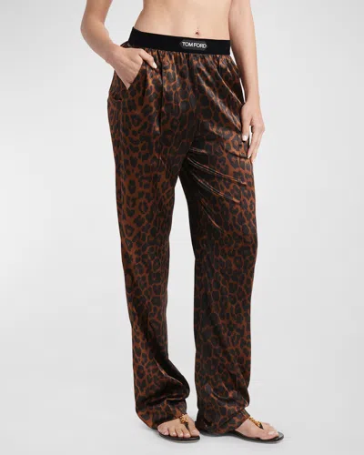 Tom Ford Reflected Leopard Print Silk Signature Pyjama Trousers In Camel