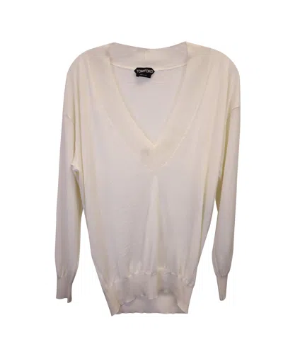 Tom Ford Rejected  Fine V-neck Sweater In Beige Cashmere In White